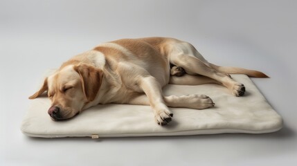A dog is sleeping on a white blanket