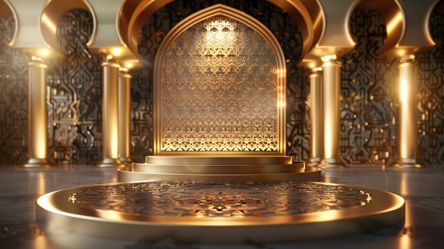 Luxurious ornate golden mihrab with intricate Islamic art and patterns in a beautifully detailed mosque interior.