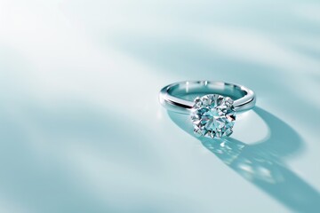 A diamond ring is on a table a bright background