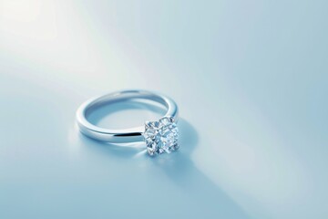 A diamond ring is on a table on a bright background