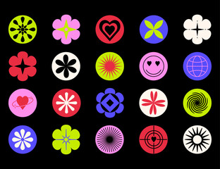 Cool trendy round sticker design elements set with smiley faces, flowers, stars. Abstract geometric shapes and forms in cartoon illustration style, icons collection, badges, patches