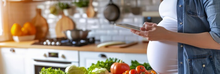Pregnant woman using tablet in kitchen, meal planning for health