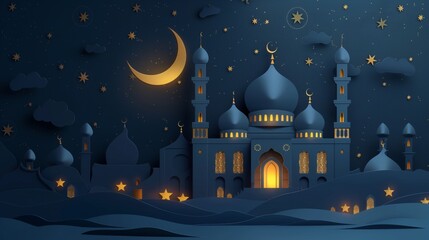 Stylized illustration of an ornate mosque under a starry night sky with crescent moon above undulating dunes.