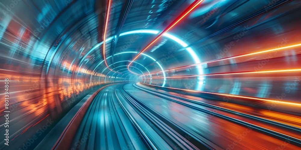 Poster blurred motion of high speed futuristic hyperloop transportation system in virtual reality simulatio