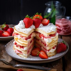 healthy pancake with strawberries and cream