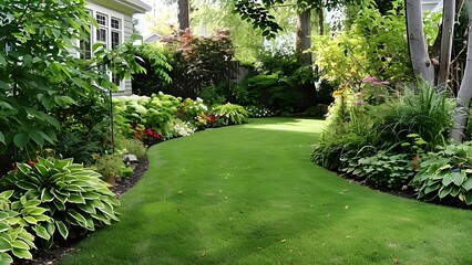 Neatly trimmed garden with lush greenery manicured flowerbeds and wellmaintained lawn . Concept Garden Landscaping, Well-Manicured Lawns, Lush Greenery, Flowerbed Design, Garden Maintenance