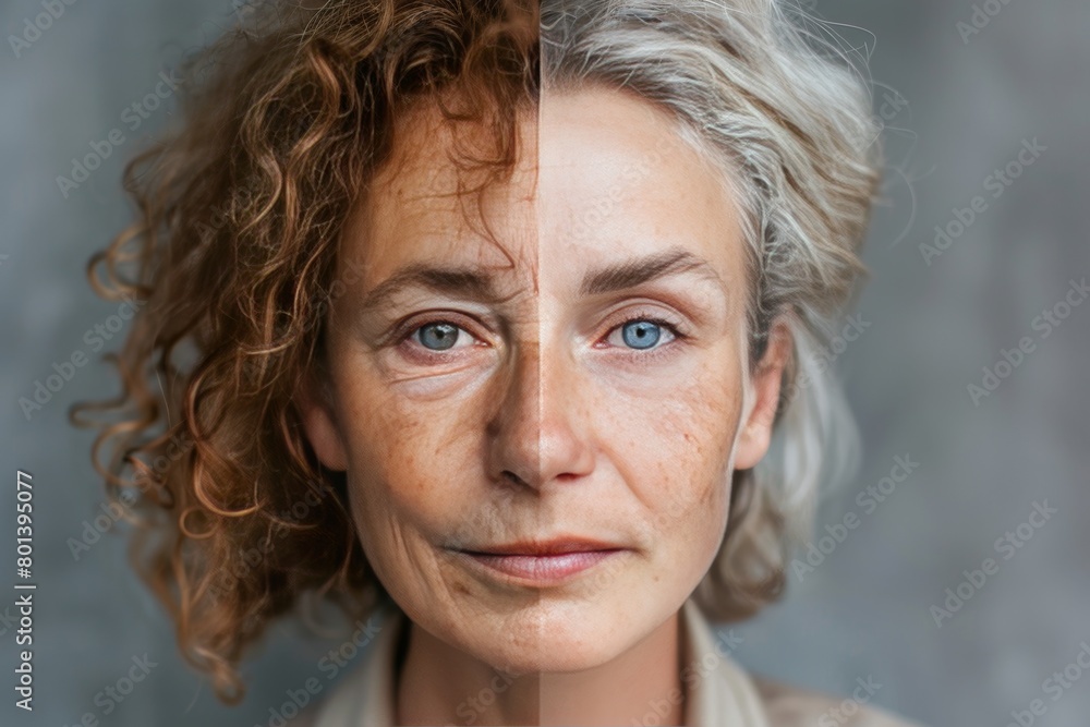 Poster anti aging efforts through managing exercise and cream, visualizing age symmetry and hair color tran