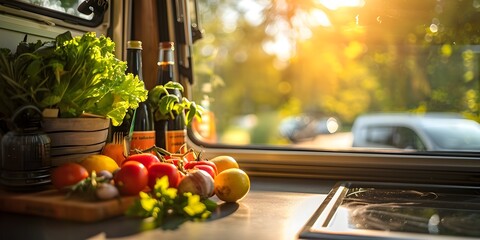 Vibrant Homegrown Produce on Rustic Farmhouse Table with Sunlit Window Backdrop for Roadtrip Cookbook