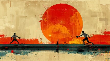 Retro-style 2D illustration for a ping-pong poster, featuring players in vintage attire against bold geometric shapes. Nostalgic colors and typography evoke the classic charm of the sport.