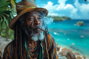 Fototapeta premium Elderly Rastafarian man with a long beard and dreadlocks, wearing a striped shirt and a hat, smokes a spliff against a Caribbean backdrop.