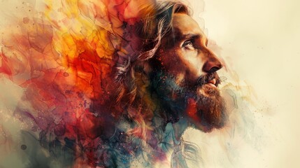 Serene illustration of Jesus Christ in worship, against a soothing watercolor backdrop. The background presents a blend of calming colors, ideal for conveying a sense of peace and reverence. 