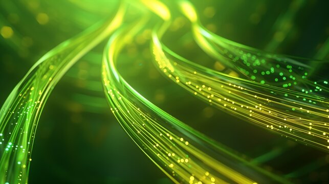Abstract image of glowing green and yellow light streaks in a wave-like motion with bokeh.
