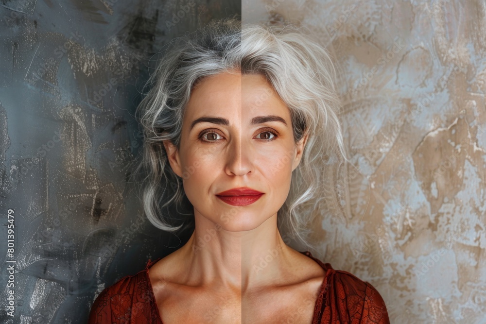 Poster managing aging with anti aging cream and exercise, integrating visual metaphors of age symmetry and 