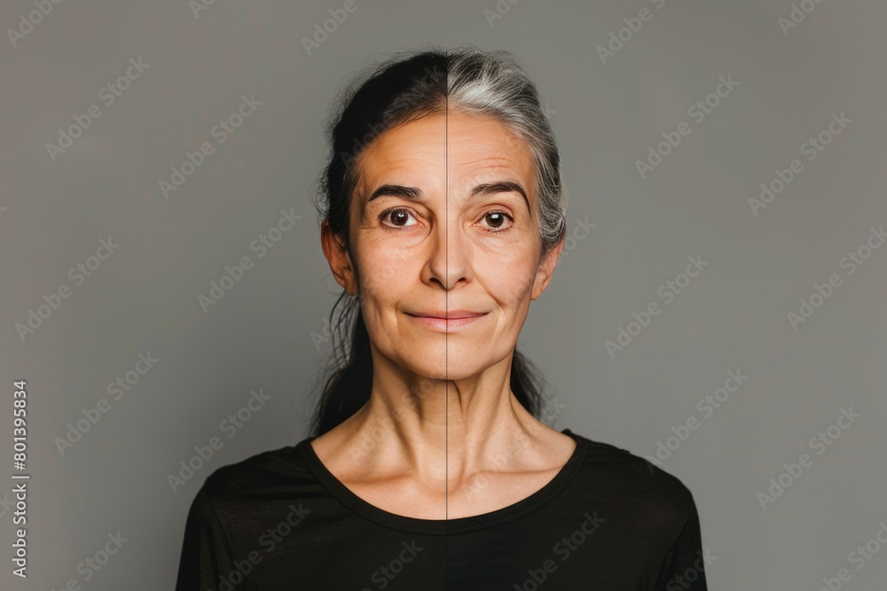 Poster managing age with exercise and anti aging cream, using hair color symmetry as a visual metaphor for 