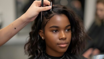 Fototapeta premium A Black woman looking beautiful while getting a haircut by a stylist in a salon. Concept Barbershop Beauty, Black Women Haircare, Stylish Salon Looks