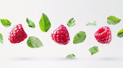 Floating raspberries and leaves against a white background, creating a fresh and vibrant scene.
