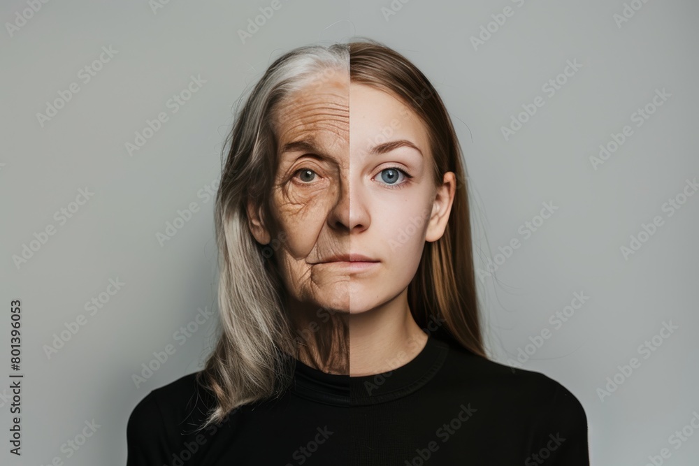 Poster symmetry in hair color and visual metaphors redefine aging management with anti aging cream and exer