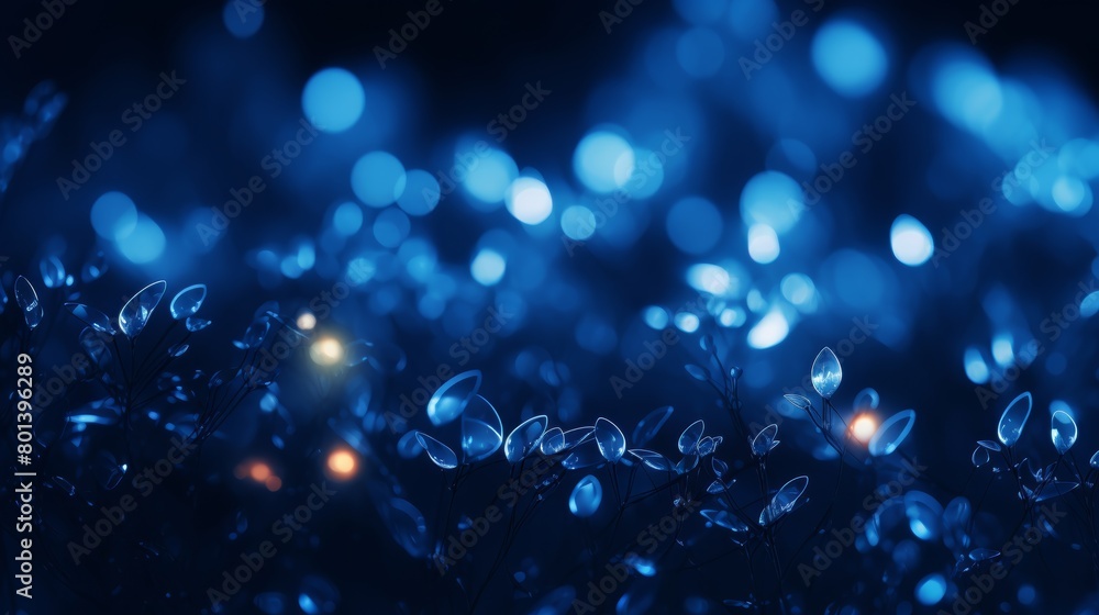 Poster cluster of tiny blue lights against a dark, out-of-focus background. The lights are glowing brightly, creating a mesmerizing effect. The background is a deep navy blue, with no visible details.
