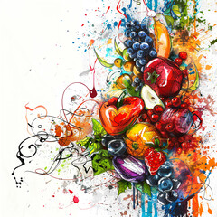 Creative splash of abstract designs intermixed with doodle art of various fruits and vegetables