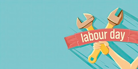 vector illustration of hand holding wrench, simple flat design clip art with banner that says "labour day" blue background, muted pastel color palette