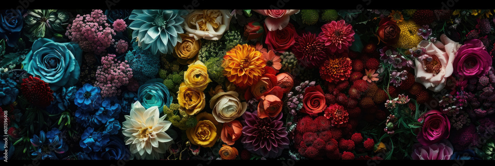 Poster a cluster of colorful flowers arranged neatly in the center of a sturdy wall, adding a touch of natu