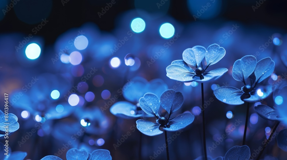 Poster cluster of tiny blue lights against a dark, out-of-focus background. the lights are glowing brightly