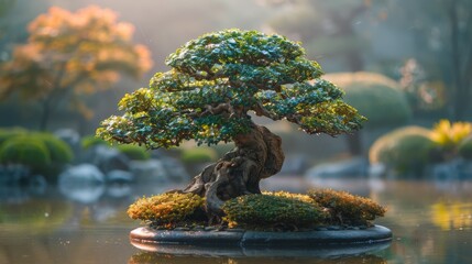 Transport viewers to a world of natural beauty with an image featuring a bonsai tree adorning the manicured landscapes of public gardens, its miniature form and delicate foliage creating a sense 
