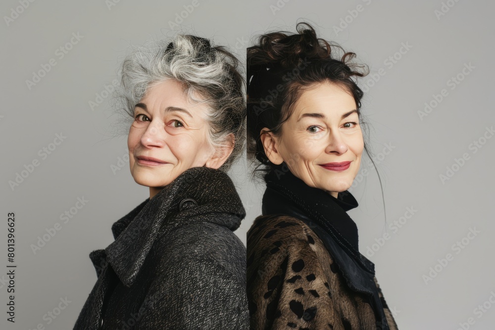 Poster visual metaphors of aging managed with anti aging cream and exercise, showcasing hair color symmetry