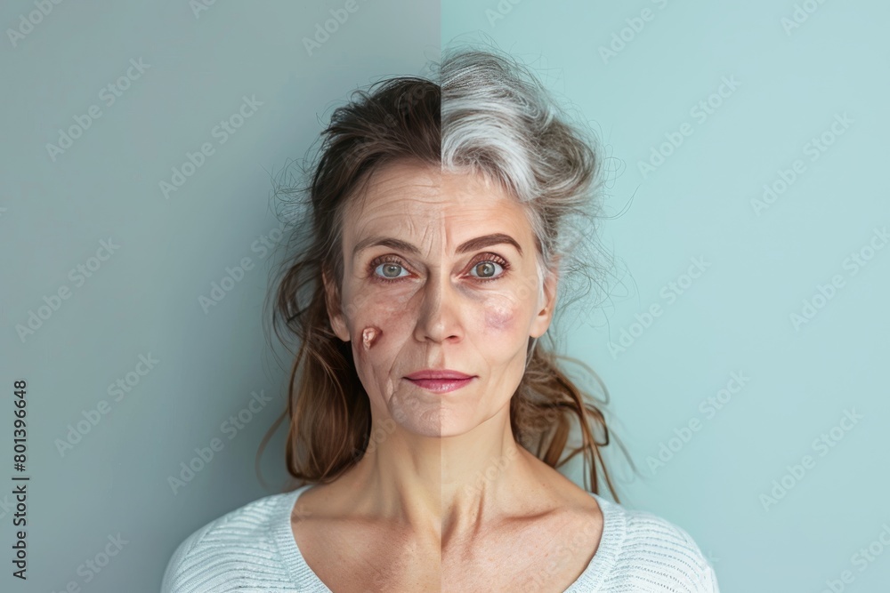 Poster anti aging cream and exercise manage aging effectively, using hair color symmetry and visual metapho