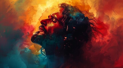 Obraz na płótnie Canvas Vector depiction of Jesus Christ in worship, against a colorful watercolor backdrop. The background features an assortment of hues, providing a visually appealing setting for the scene.