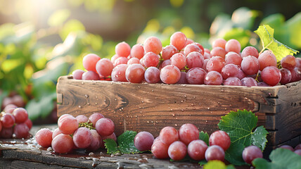 Ripe grapes are collected in a wooden box against the backdrop of a vineyard and sunlight. The...