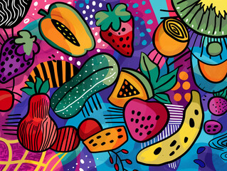 Playful and abstract doodle art featuring a mix of fruit and vegetable motifs, set against a dynamic background