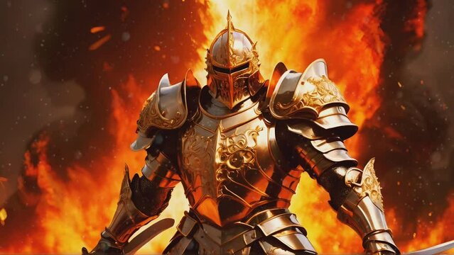 fierce knight in golden armor with a background of blazing fire