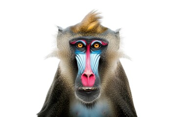 A close-up portrait of a mandrill against a white background