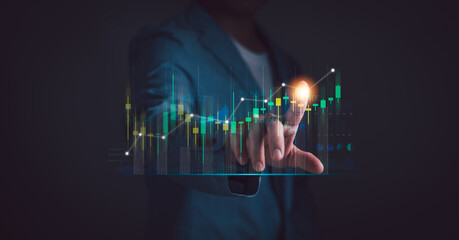 investor or trader is showing a graph of a growing stock to analyze or plan investments in stock market, financial business concepts, stock markets, mutual funds, bonds, digital assets