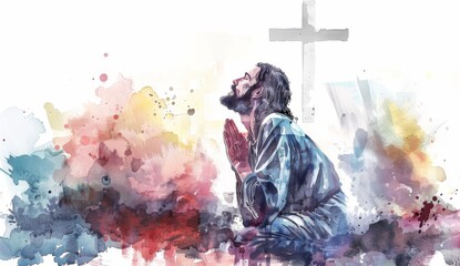 Watercolor illustration of Jesus kneeling in prayer with white cross on background, muted pastel tones, white background, low details, clipart style 