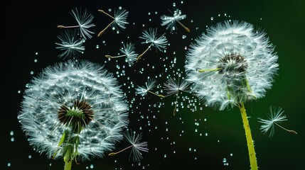 Capturing the Beauty of Nature: Dandelion Seeds Drifting Away on the Wind in a Serene and Whimsical Scene