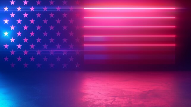 A vibrant patriotic image featuring an artistic rendition of the American flag with a neon glow, set in a dimly lit environment.