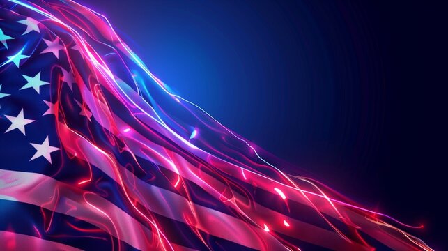 Stylized image of the American flag with a vibrant neon glow, capturing a dynamic wave pattern.