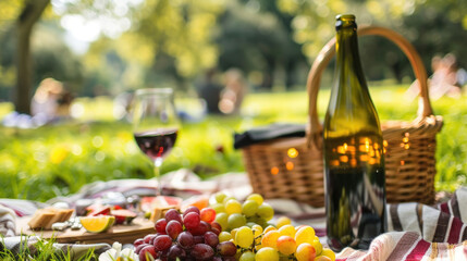 A picnic scene featuring a bottle of wine, assorted cheeses, and a bunch of grapes spread out on a checkered blanket