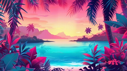 Vibrant digital artwork of a tropical beach scene at sunset with palm trees and mountains.