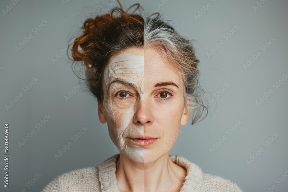 Poster managing aging perceptions effectively with anti aging cream and exercise, visualized through hair c