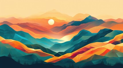 A vibrant painting of a mountain range with the sun shining through the orangetinted mountains, showcasing creative use of tints and shades and triangular shapes AIG50 - Powered by Adobe