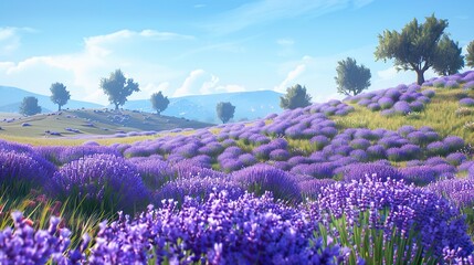 This is an image of a field of lavender in bloom. The flowers are purple and the sky is blue. There are some trees in the background.

