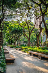 A park filled with an abundance of green trees and numerous benches for relaxation and enjoyment