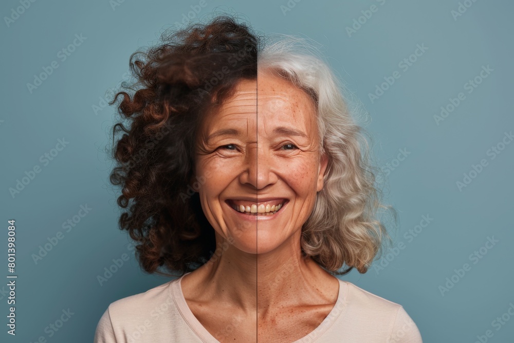 Poster managing aging with exercise and anti aging cream, using hair color symmetry and visual metaphors to