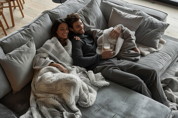  Intimate moment of a Caucasian couple relaxing on a cozy couch, enjoying a quiet, comfortable day at home