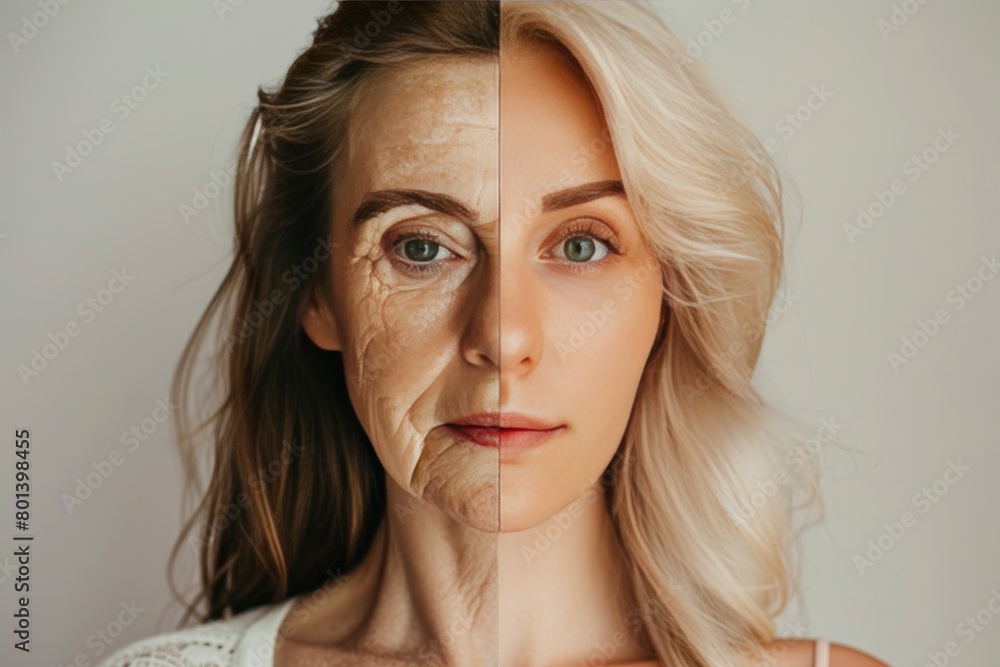 Poster managing aging perceptions with anti aging cream and exercise, using hair color symmetry as a visual