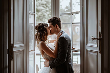 Romantic young couple embracing in a kiss by open doors, capturing a timeless moment of love and intimacy.