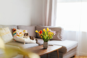 Vase of multicolor flowers on coffee table with blurred background of modern cozy living room with...
